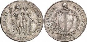 REPUBLIQUE LIGURE (1798-1805). 8 Lire 1804 An 7 Gênes.
A/ REPUBLICA - LIGURE. ANNO VII. Écu de Gênes devant le faisceau au bonnet phrygien, entre une...