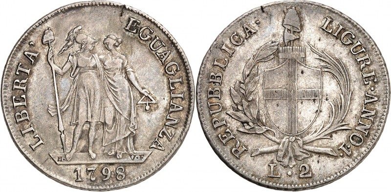 REPUBLIQUE LIGURE (1798-1805). 2 Lire 1798 An I Gênes.
A/ REPUBLICA - LIGURE. A...