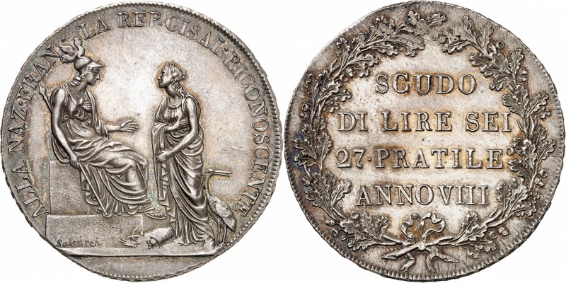 REPUBLIQUE CISALPINE. Scudo de 6 Lire An VIII (1800).
A/ ALLA NAZ.FRAN. - LA RE...