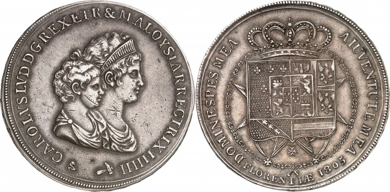 ETRURIE-CHARLES LOUIS ET MARIE ALOYSE REGENTE. Dena de 10 Lire 1805.
A/ CAROLVS...