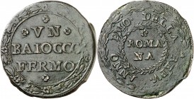 REPUBLIQUE ROMAINE. BAIOCCO ND.(1798) FERMO.
A/ Inscription en quatre lignes dans une couronne: VN/ BAIOCHO/FERMO/
R/ ANNO PMO DELLA REPV entre deux...