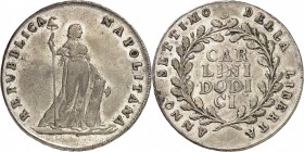 REPUBLIQUE NAPOLITAINE (23 Janvier 1799-19 Juin 1799). Douze Carlini ND.
A/ REPUBLICA - NAPOLITANA. La Liberté debout à droite, tenant de la main dro...