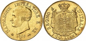 ROYAUME D'ITALIE-NAPOLEON Ier (1805-1814). 40 Lire 1808 Milan.
1er Type, (Tranche striée et inscrite en relief)
A/ NAPOLEONE IMPERATOR E RE. Tête nu...