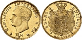 ROYAUME D'ITALIE-NAPOLEON Ier (1805-1814). 40 Lire 1814 Milan.
2ème Type (Tranche lisse avec listel et inscrite en creux)
A/ NAPOLEONE IMPERATOR E R...