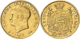 ROYAUME D'ITALIE-NAPOLEON Ier (1805-1814). 20 Lire 1809 Milan.
2ème Type
(Tranche lisse avec listel et inscrite en creux)
A/ NAPOLEONE IMPERATORE E...