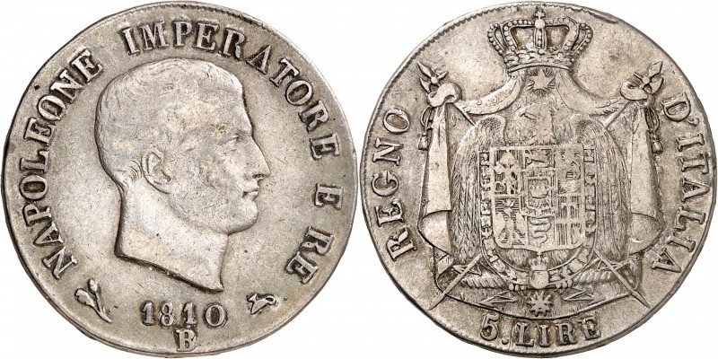 ROYAUME D'ITALIE-NAPOLEON Ier (1805-1814). 5 Lire 1810 Bologne.
1er Type (Tranc...