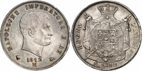 ROYAUME D'ITALIE-NAPOLEON Ier (1805-1814). 5 Lire 1812 Milan.
(Tranche lisse avec listel et inscrite en creux)
A/ NAPOLEONE IMPERATORE E RE. Tête nu...