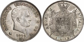 ROYAUME D'ITALIE-NAPOLEON Ier (1805-1814). 5 Lire 1814 Milan.
2ème Type (Tranche lisse avec listel et inscrite en creux)
A/ NAPOLEONE IMPERATOR E RE...