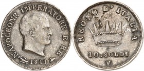 ROYAUME D'ITALIE-NAPOLEON Ier (1805-1814). 10 Soldi 1811 Venise.
A/ NAPOLEONE IMPERATOR E RE. Tête nue à droite. Au-dessous, différents, date, atelie...