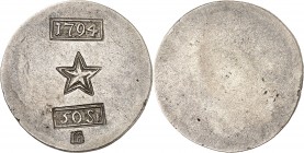 MAATRISCHT (REDDITION LE 4 NOV.1794) - SIEGE DE LA VILLE PAR LES SOLDATS DES GENERAUX PICHEGUE ET JOURDAN. 50 Stuivers 1794.
A/ Sur flan lisse en cre...