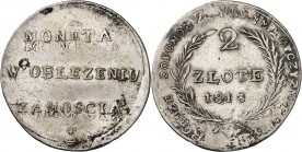 POLOGNE. SIEGE DE ZAMOSC ASSIEGE PAR LES RUSSES EN 1813 APRES LA RETRAITE DE LA GRANDE ARMEE. 2 Zlote (1/3 Thaler) 1er Type 1813.
A/ MONETA / W OBLEZ...