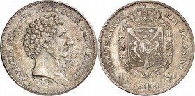 SUEDE. CHARLES XIV (Bernadotte) (1818-1844). Riksdaler (4ème Type) 1841.
A/ CARL XIV SVERIGES NORR.GÖTH.OCH.V.KONUNG. Sa tête nue à droite.
R/ FÖLKE...