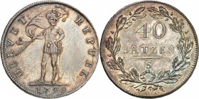 SUISSE REPUBLIQUE HELVETIQUE SOUS PROTECTION FRANCAISE (1798-1803).
40 Batzen 1798 Soleure (S).
A/ HELVET// REPUBL/ Soldat debout tenant un drapeau....