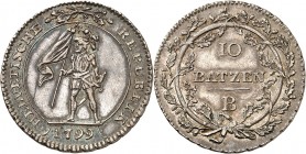 SUISSE REPUBLIQUE HELVETIQUE SOUS PROTECTION FRANCAISE (1798-1803).
10 Batzen 1798 Berne (B).
A/ HELVET// REPUBL/ Soldat debout tenant un drapeau. D...