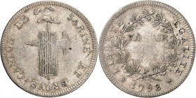 SUISSE SARINE ET BROYE. 42 Kreutzers 1798.
A/ CANTON DE SARINE ET BROYE. Faisceau surmonté d'un chapeau.
R/ LIBERTE EGALITE. Valeur / 42 k dans une ...