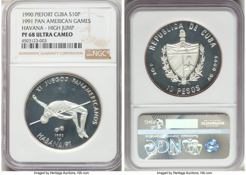 Republic silver Proof Piefort "High Jump" 10 Pesos 1990 PR68 Ultra Cameo NGC, KM...