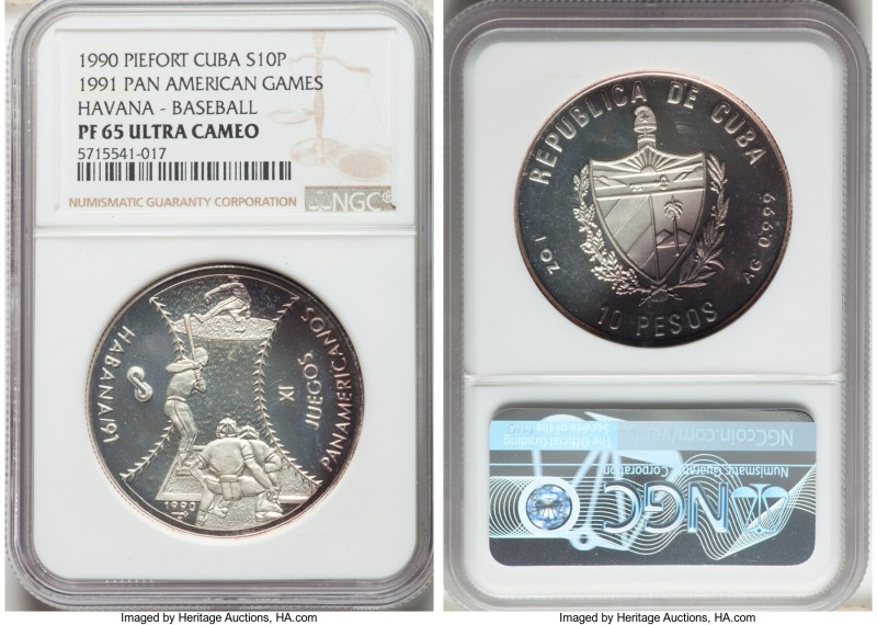 Republic silver Proof Piefort "Baseball" 10 Pesos 1990 PR65 Ultra Cameo NGC, KM-...