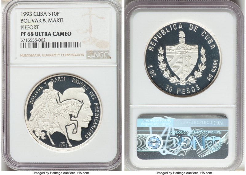 Republic silver Proof Piefort "Bolivar & Marti" 10 Pesos 1993 PR68 Ultra Cameo N...