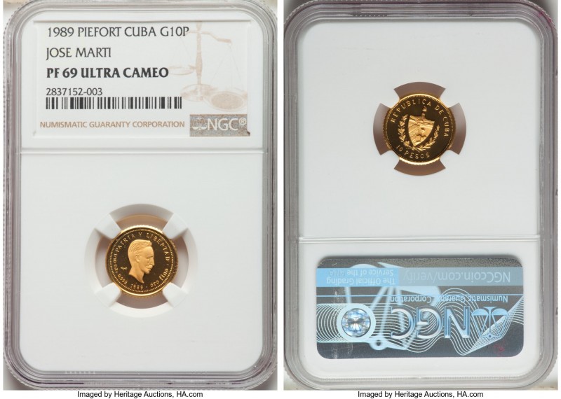 Republic gold Proof Piefort "Jose Marti" 10 Pesos 1989 PR69 Ultra Cameo NGC, KM-...