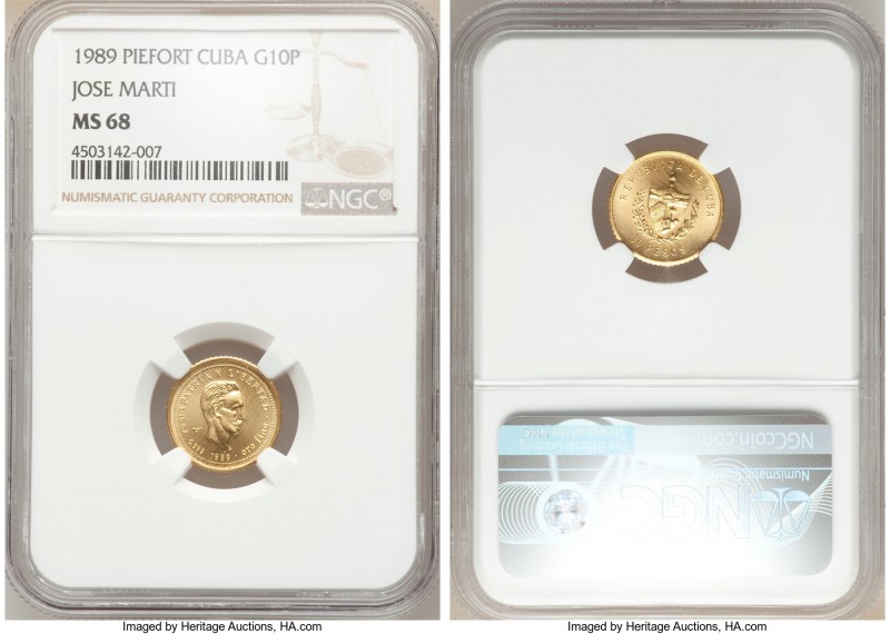 Republic gold Piefort "Jose Marti" 10 Pesos 1989 MS68 NGC, KM-P14. Mintage: 30. ...
