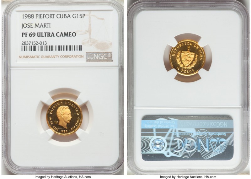 Republic gold Proof Piefort "Jose Marti" 15 Pesos 1988 PR69 Ultra Cameo NGC, KM-...