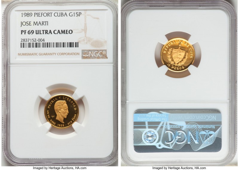Republic gold Proof Piefort "Jose Marti" 15 Pesos 1989 PR69 Ultra Cameo NGC, KM-...