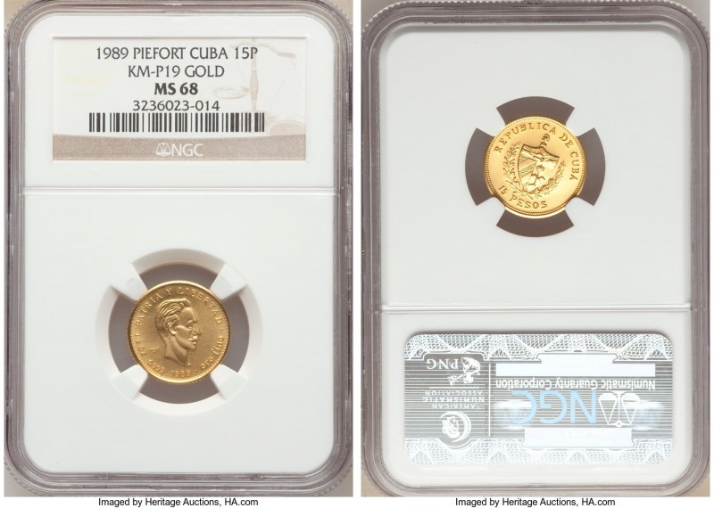 Republic gold Piefort "Jose Marti" 15 Pesos 1989 MS68 NGC, KM-P18. Mintage: 15. ...