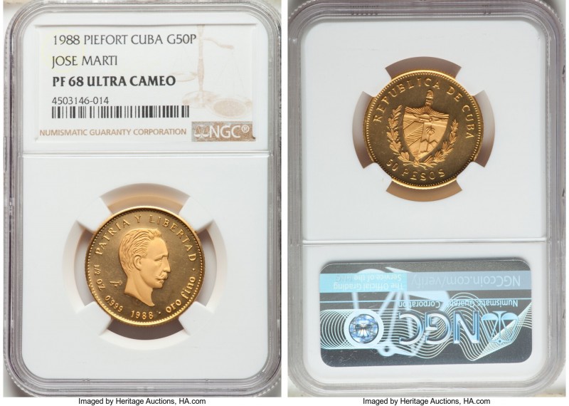 Republic gold Proof Piefort "Jose Marti" 50 Pesos 1988 PR68 Ultra Cameo NGC, KM-...