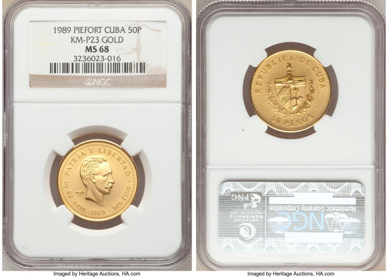 Republic gold Piefort "Jose Marti" 50 Pesos 1989 MS68 NGC, KM-P22. Mintage: 10. ...