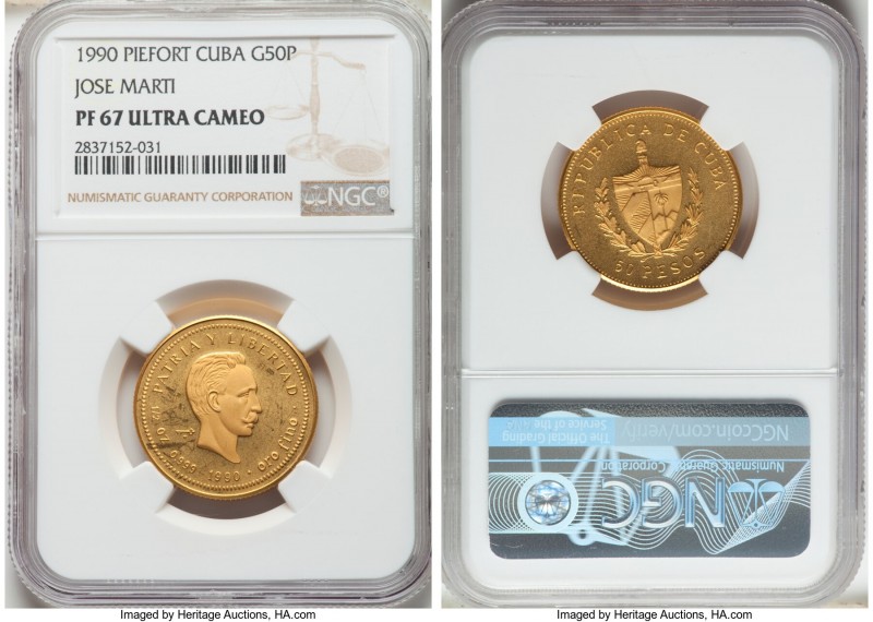 Republic gold Proof Piefort "Jose Marti" 50 Pesos 1990 PR67 Ultra Cameo NGC, KM-...