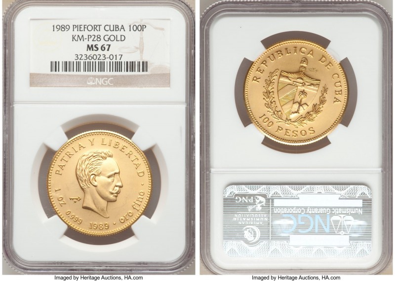 Republic gold Piefort "Jose Marti" 100 Pesos 1989 MS67 NGC, KM-P28. Mintage: 10....