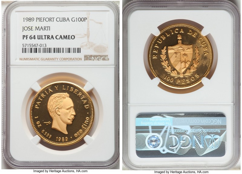 Republic gold Proof Piefort "Jose Marti" 100 Pesos 1989 PR64 Ultra Cameo NGC, KM...