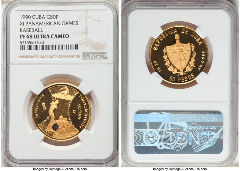 Republic gold Proof "XI Pan-American Games - Baseball" 50 Pesos 1990 PR68 Ultra ...