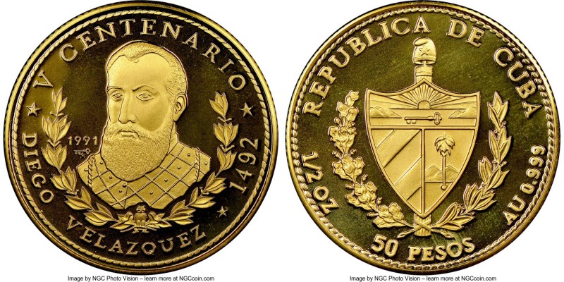 Republic gold Proof "Diego Velazquez - New World 500th Anniversary" 50 Pesos 199...