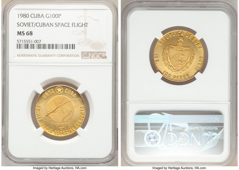 Republic gold "Soviet/Cuba Space Flight" 100 Pesos 1980 MS68 NGC, KM52. Mintage:...