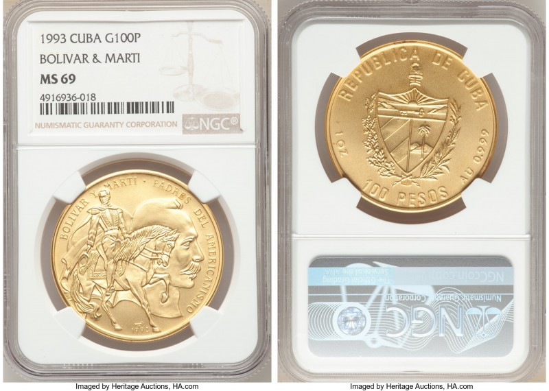 Republic gold "Bolivar & Marti" 100 Pesos 1993 MS69 NGC, Havana mint, KM916. Min...