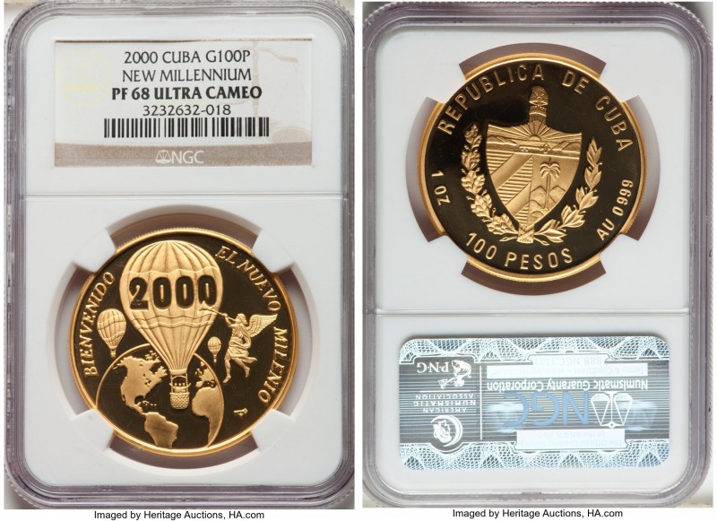 Republic gold Proof "New Millennium" 100 Pesos 2000 PR68 Ultra Cameo NGC, KM713....