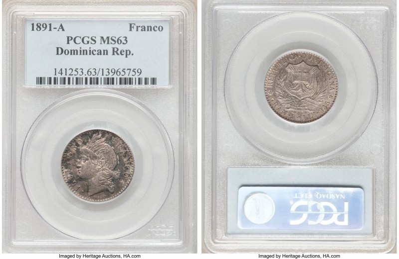 Republic Franco 1891-A MS63 PCGS, Paris mint, KM11. Displaying overlapping metal...