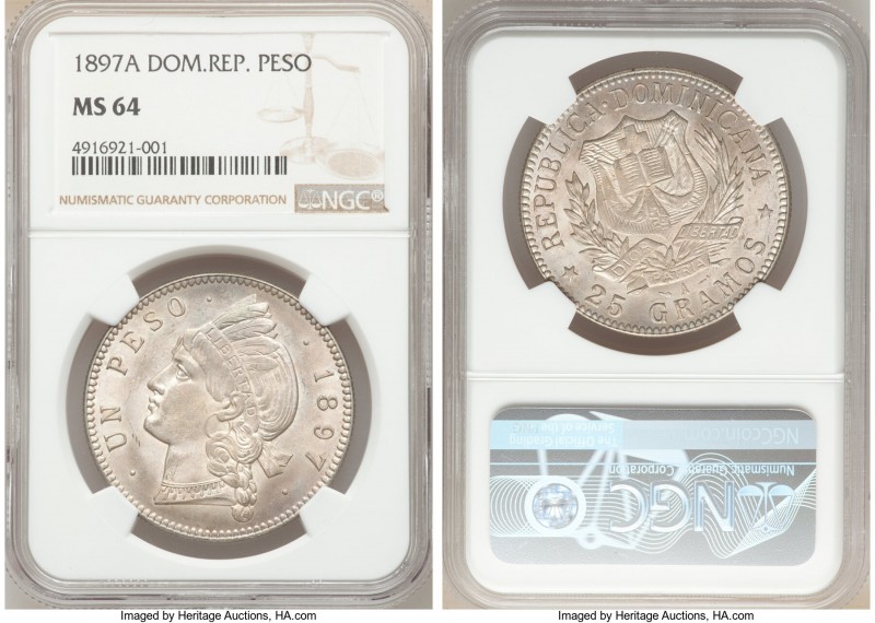 Republic Peso 1897-A MS64 NGC, Philadelphia mint, KM16. Only a one-year type str...
