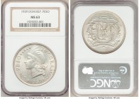 Republic Peso 1939 MS63 NGC, Philadelphia mint, KM22. Mintage: 15,000. A better date for the issue and rarely found matching or exceeding this choice ...