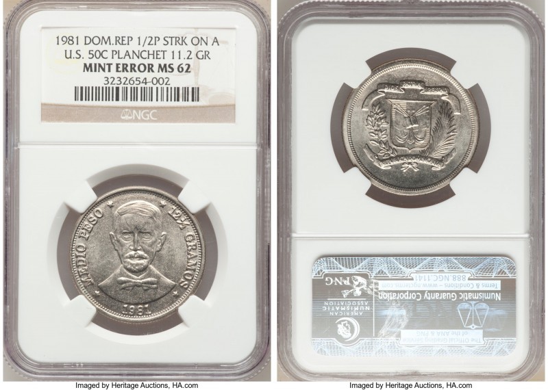 Republic Mint Error - Struck on Foreign Planchet 1/2 Peso 1981 MS62 NGC, cf. KM5...