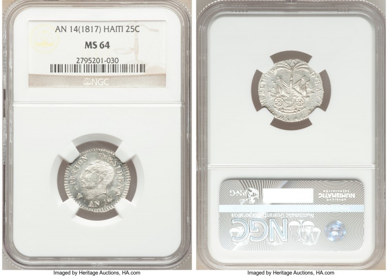 Republic 25 Centimes L'An 14 (1817) MS64 NGC, KM15.1. Essentially gem, with heav...