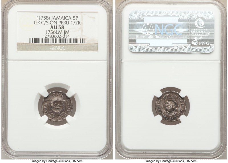 British Colony Counterstamped 5 Pence ND (1758) AU58 NGC, KM1.3, Prid-8 (this co...