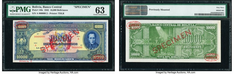 Bolivia Banco Central 10,000 Bolivianos 20.12.1945 Pick 146s Specimen. PMG Choic...