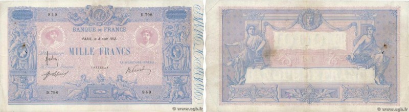 Country : FRANCE 
Face Value : 1000 Francs BLEU ET ROSE  
Date : 08 août 1912 
P...