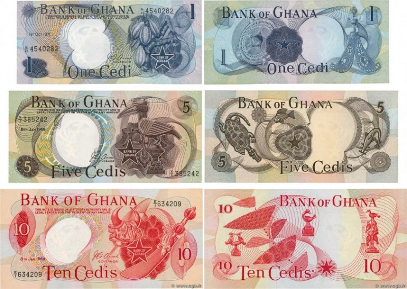 Country : GHANA 
Face Value : 1, 5 et 10 Cedis Lot 
Date : 1969-1971 
Period/Pro...