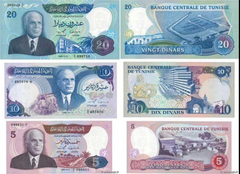 Country : TUNISIA 
Face Value : 5, 10, 20 Dinars Lot 
Date : 1983 
Period/Provin...