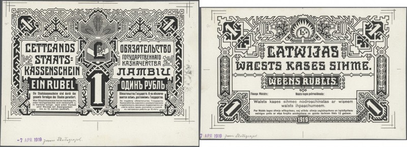 Latvia /Lettland
Unique proof print of 1 Rublis 1919 P. 1p, front and back sepa...