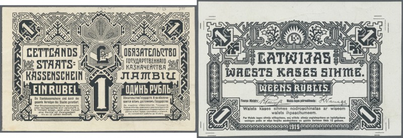 Latvia /Lettland
Rare PROOF prints of 1 Rubli ND(1919) P. 2a-b,p, front and bac...