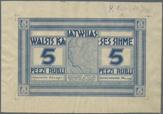 Latvia /Lettland
Unique PROOF print of 5 Rubli 1919 P. 3a-b(p), without date, s...